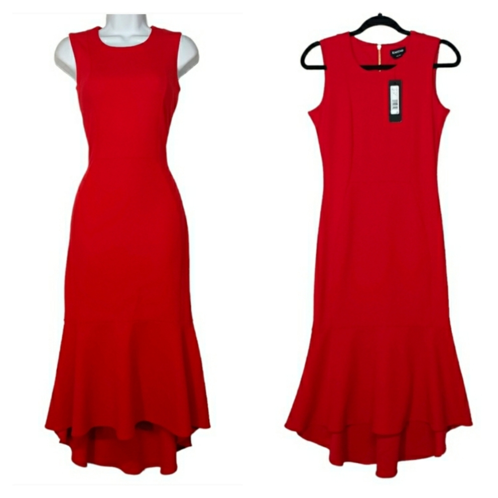 BEBE Red Ruffle Hem Sleeveless Long Maxi Cocktail Dress 4 (S) NWT